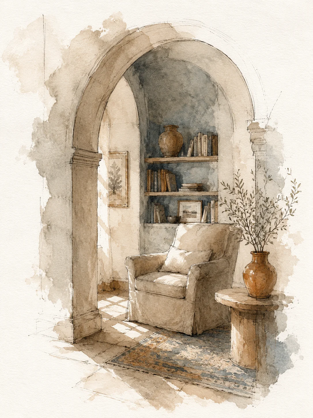 Interior design sketch of an elegant archway and reading nook